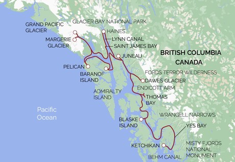 Map for Alaska’s Fjords & Glaciers Ultimate with Glacier Bay - Adventure Cruise
