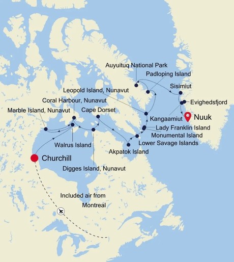 Map for Churchill to Nuuk - 18 Day Canada & Greenland Expedition Cruise