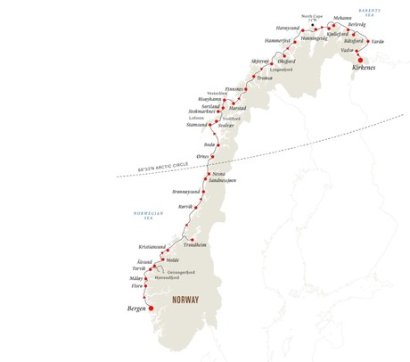 Map for 7-Day Classic Voyage North: Bergen to Kirkenes