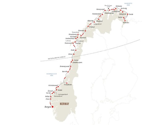 Map for Roundtrip Voyage from Bergen | Explore Norway’s Coastline