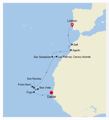 Map for Dakar to Lisbon - Atlantic Ocean Expedition Cruise