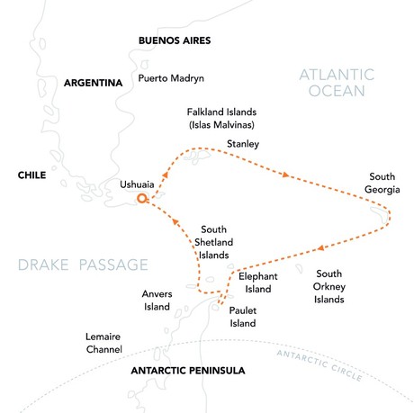 Map for Falklands, S Georgia & Antarctica - Ushuaia to Ushuaia