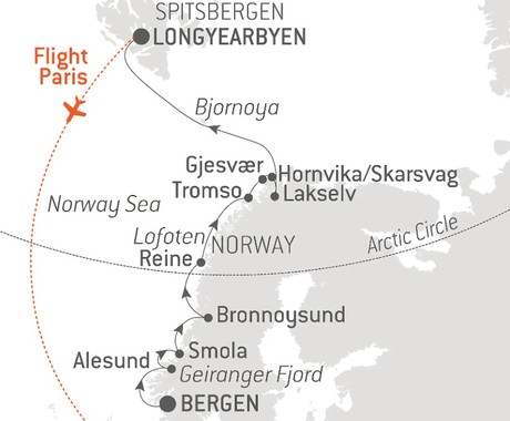 Map for Fjords & Spitsbergen - From Bergen to Longyearbyen Luxury Expedition