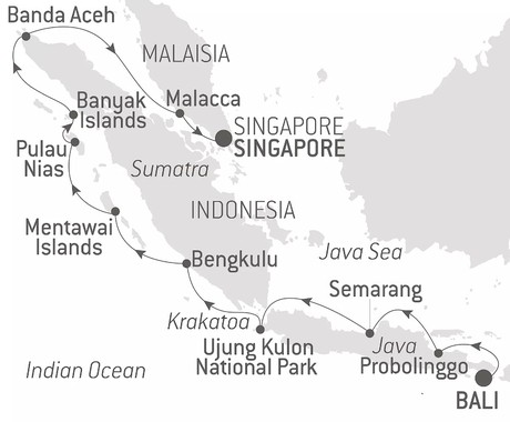 Map for Islands, Cities and Volcanoes of Indonesia -  15 Days from Bali to Singapore