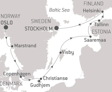 Map for Islands and Cities, from the North Sea to the Baltic - Norway, Sweden, Denmark, Estonia and Finland Cruise