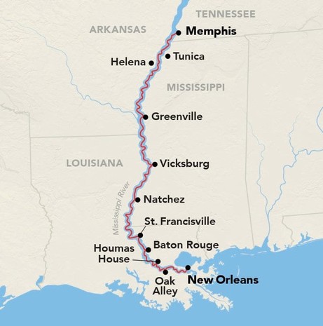 Map for Lower Mississippi River Cruise - Explore New Orleans, Louisiana, Memphis and Tennessee