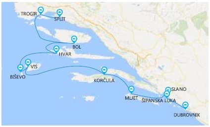 Map for One Way Cruise from Dubrovnik to Split