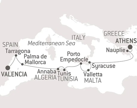 Map for Mediterranean Heritage and Archaeological Sites - Greece, Italy, Malta, Tunisia, Algeria and Spain Cruise