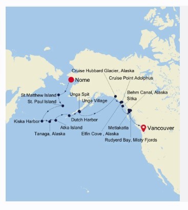 Map for Nome to Vancouver - Alaska Luxury Expedition Cruise