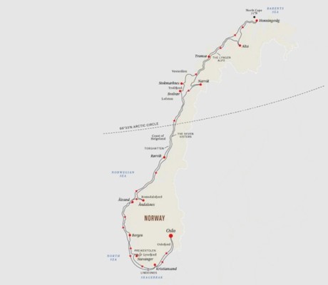 Map for The North Cape Express - Full Voyage Norway 2025 - 2026 - From Oslo to Oslo