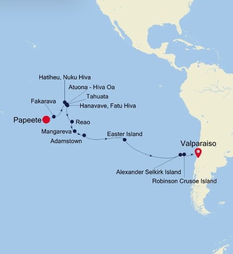Map for Papeete to Valparaiso - 26 Days South Pacific Luxury Cruise