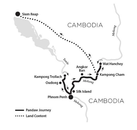Map for Phnom Penh and Siem Reap - Upstream 5 Day River Cruise