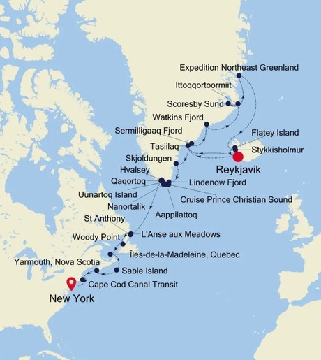 Map for Reykjavik to New York - 35 Day Canada, Greenland & Iceland Luxury Cruise