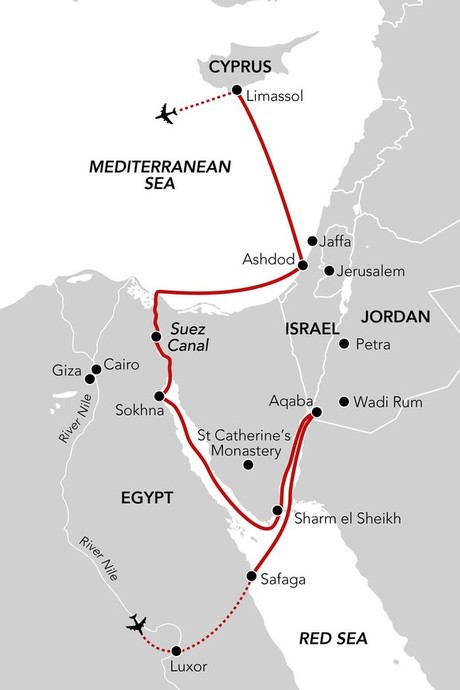 Map for Spring in the Ancient World - Egypt, Jordan, Israel & Cyprus Cruise