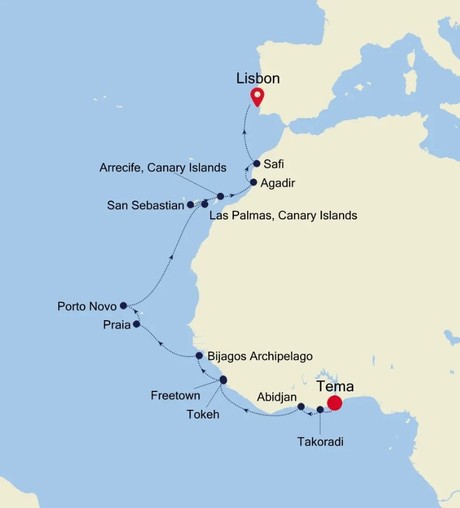 Map for Tema to Lisbon Cruise