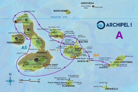 Map for Galapagos 8 Day Route A aboard Archipel I